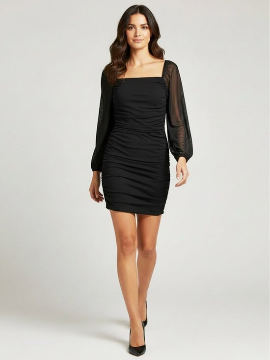 Merokeety Dresses & Skirts - MEROKEETY Square Neck Lantern Long Sleeve Mesh Ruched Bodycon Clubwear Dress L